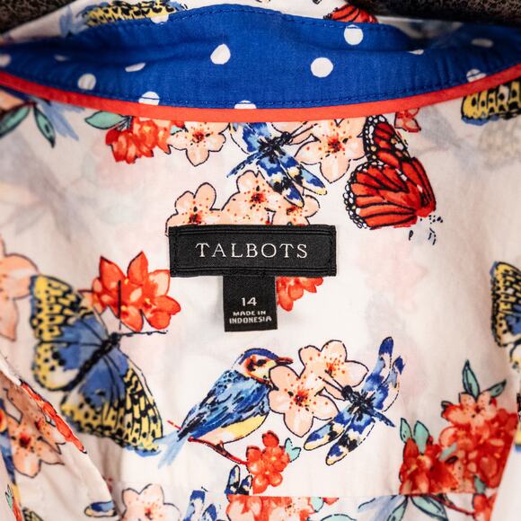 Talbots Women's Top SZ 14 Butterfly Floral Bird Cottage Fairy Dragon Fly Modest - Picture 6 of 6